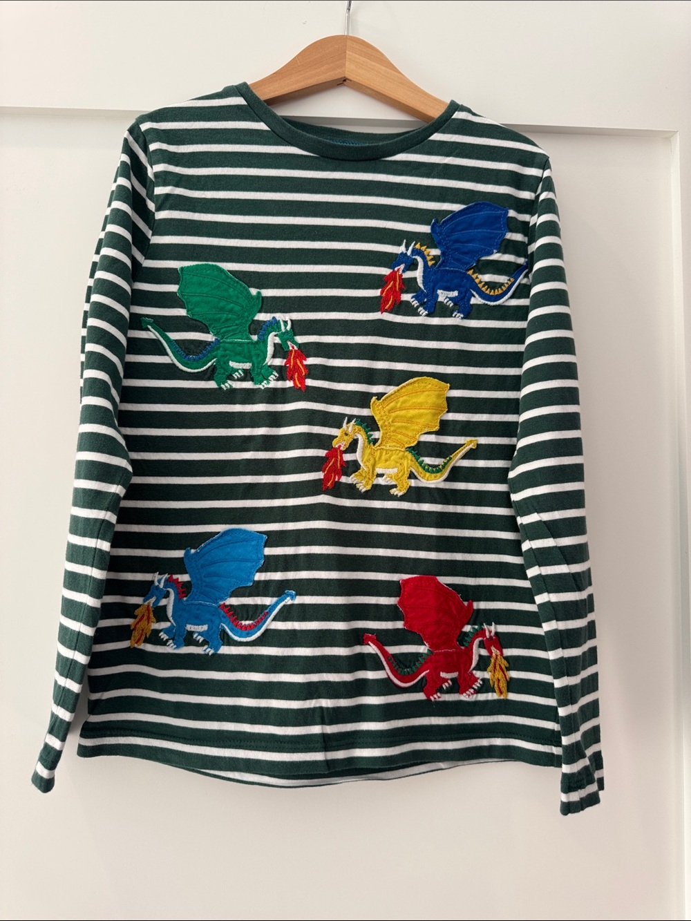 Mini Boden Green & White Striped Long-Sleeve Top with Colorful Dragon Appliqués